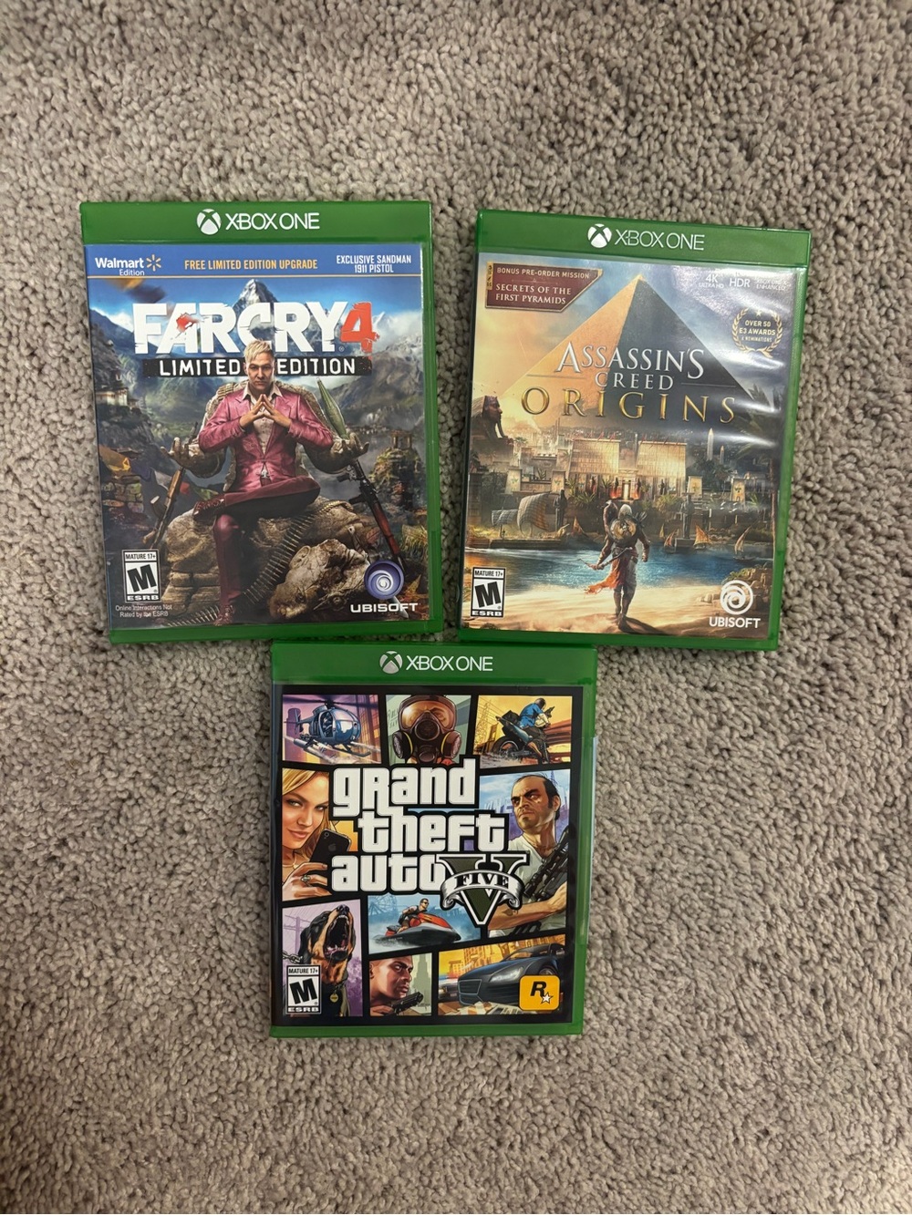 Far Cry 4, Assassin's Creed Origins & Grand Theft Auto V Game Bundle -Xbox one
